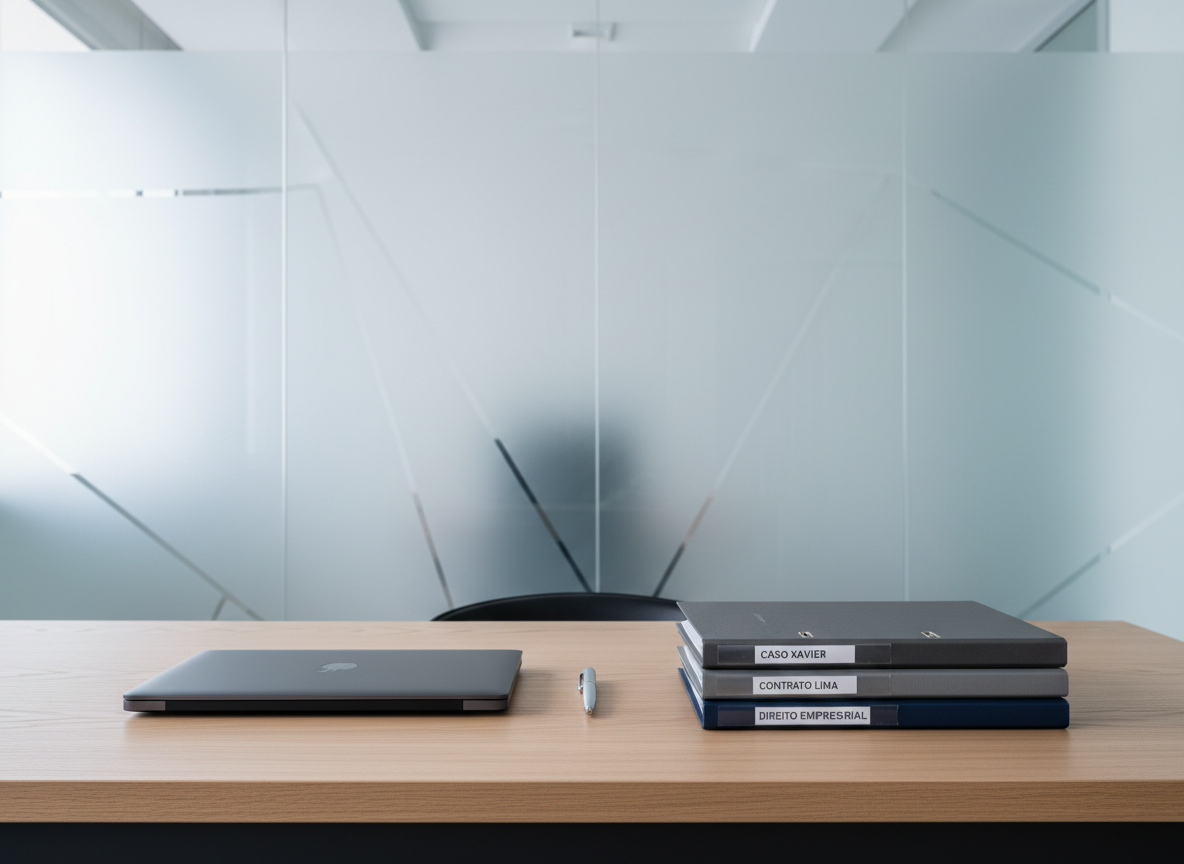 A minimalist, high-end law firm workspace featuring a sleek matte-black laptop partially closed on a light oak desk, beside a slim silver pen and a neatly stacked trio of gray and navy legal folders with Portuguese labels. Behind them, a large frosted-glass wall subtly etched with abstract geometric patterns suggests privacy and confidentiality. Cool, diffused daylight filters through from an unseen window, producing soft, even illumination with delicate reflections on metallic details. The photographic composition uses the rule of thirds, with strong horizontal lines and ample negative space, shot at eye level with moderate depth of field. The overall mood is calm, meticulously ordered, and contemporary, perfectly reflecting a sophisticated, business-focused advocacy office environment.