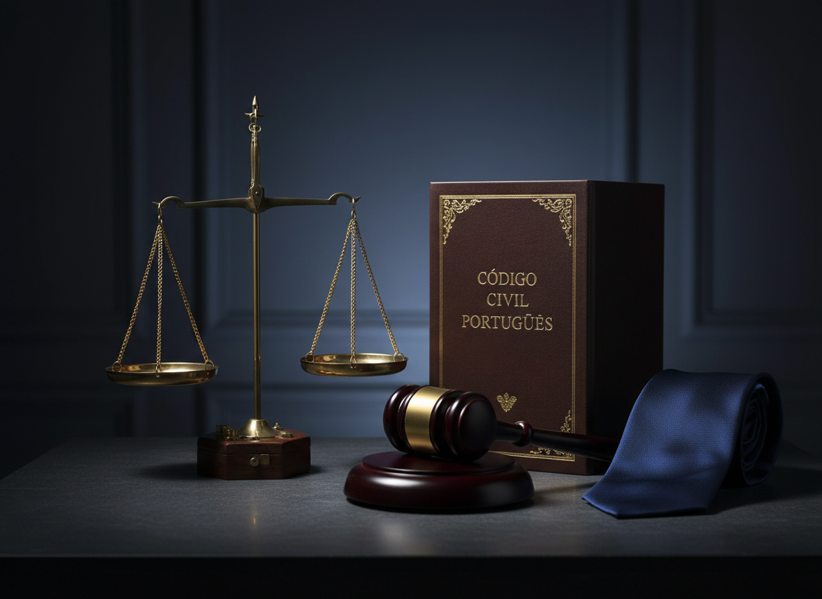 An elegant still life of classic legal symbols arranged on a smooth charcoal-colored stone surface: a finely crafted brass scale of justice with precise detailing, a dark brown leather-bound civil code book in Portuguese with gold-embossed spine, and a refined wooden gavel resting beside a folded midnight-blue silk tie. The background fades into a deep, softly textured gradient suggesting a luxurious office wall. Dramatic side lighting from the left creates pronounced yet tasteful shadows and gleaming highlights on the metal and leather, emphasizing form and texture. Captured in photographic realism with a centered, slightly low-angle composition and shallow depth of field, the scene conveys authority, gravitas, and sophistication suited to a prestigious advocacy practice.