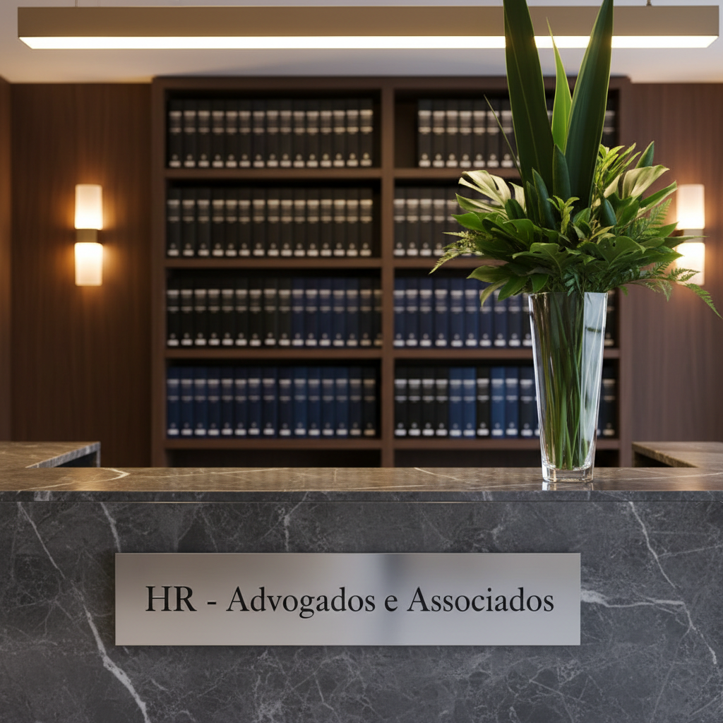A close-up of a polished dark marble reception counter with fine white veining, featuring a discreet engraved metal plaque reading “HR – Advogados e Associados” in refined serif lettering, and a single, tall crystal vase holding a structured arrangement of deep green foliage. The background reveals blurred built-in wooden shelves lined with neatly arranged black and navy legal binders. Warm, diffused overhead lighting and subtle wall sconces cast soft highlights on the marble and metal surfaces. Shot from a slightly elevated angle with a balanced composition, the photographic image emphasizes luxury, discretion, and order, evoking the entrance of a sophisticated Brazilian law office without showing any people.